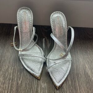 Good American silver strappy heels